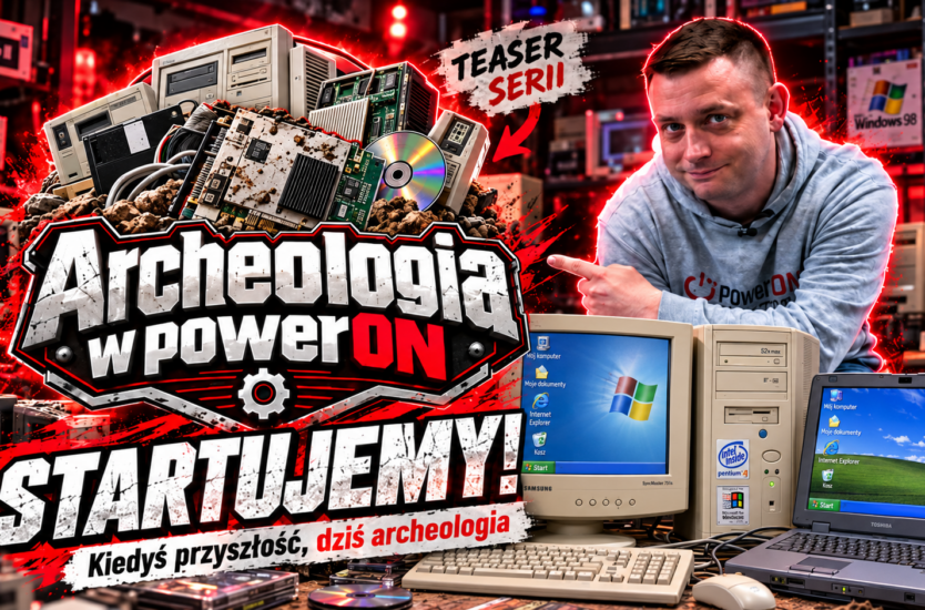 Grafika promująca serię „Archeologia powerON” – stare komputery, sprzęt retro i zapomniane technologie komputerowe. Kopiuj