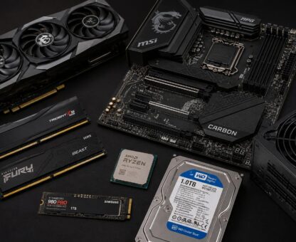 Podzespoły komputerowe do składania i modernizacji PC – karta graficzna, płyta główna, procesor AMD Ryzen, pamięć RAM, dyski SSD i zasilacz
