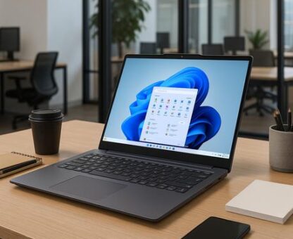 Nowoczesny laptop z systemem Windows 11 na biurku – sprzęt do pracy, nauki i codziennego użytkowania Kopiuj ALT