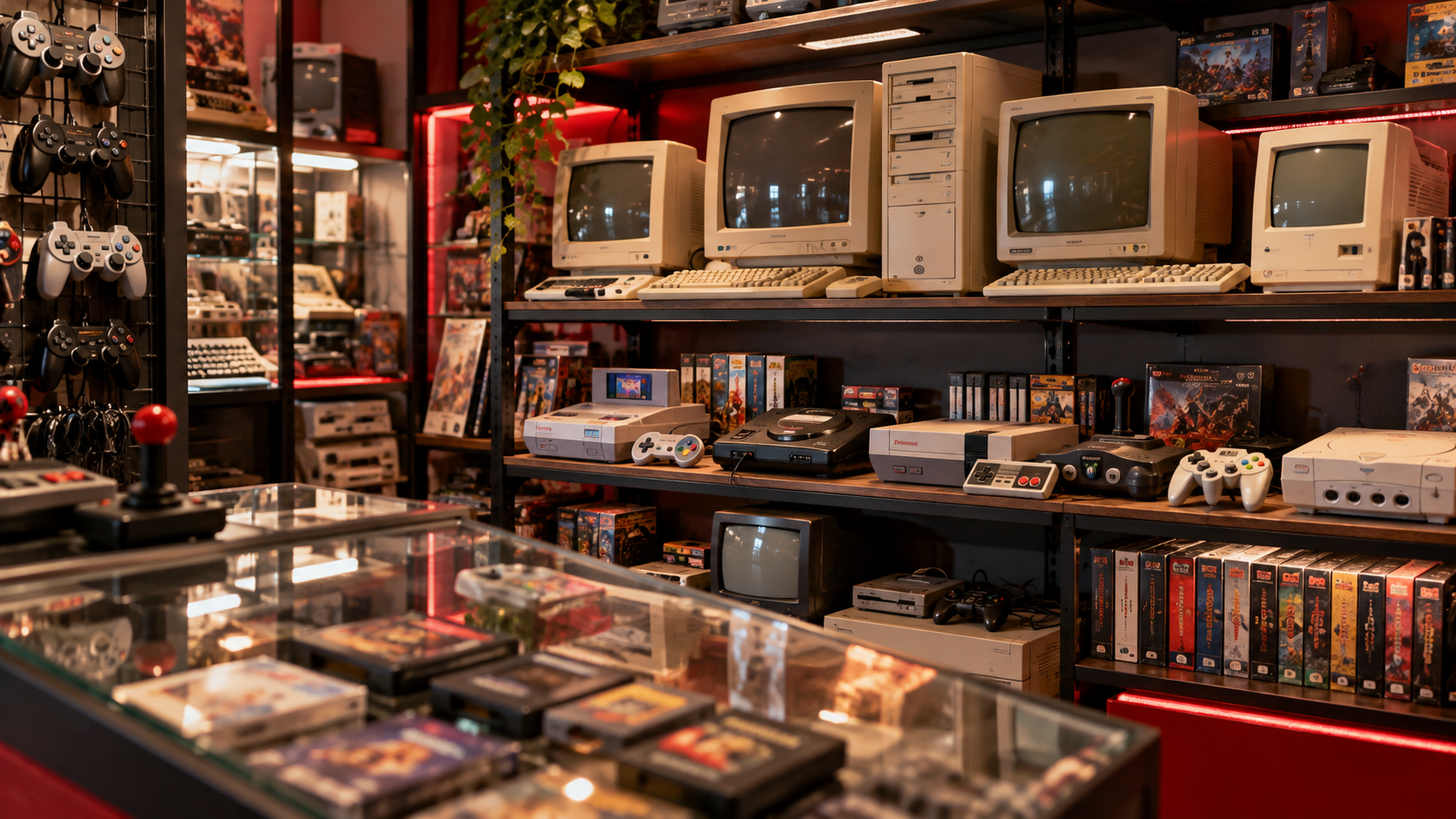 Kolekcja retro komputerów z monitorami CRT, klasycznymi konsolami, kontrolerami i grami na półkach