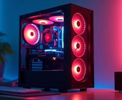 Komputer gamingowy w czarnej obudowie z przeszklonym panelem bocznym i czerwonym podświetleniem RGB Kopiuj ALT