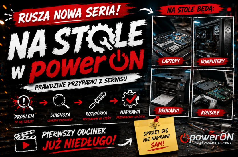 Grafika promująca serię „Na stole w powerON” – prawdziwe przypadki z serwisu komputerów, laptopów, drukarek i konsol. Kopiuj