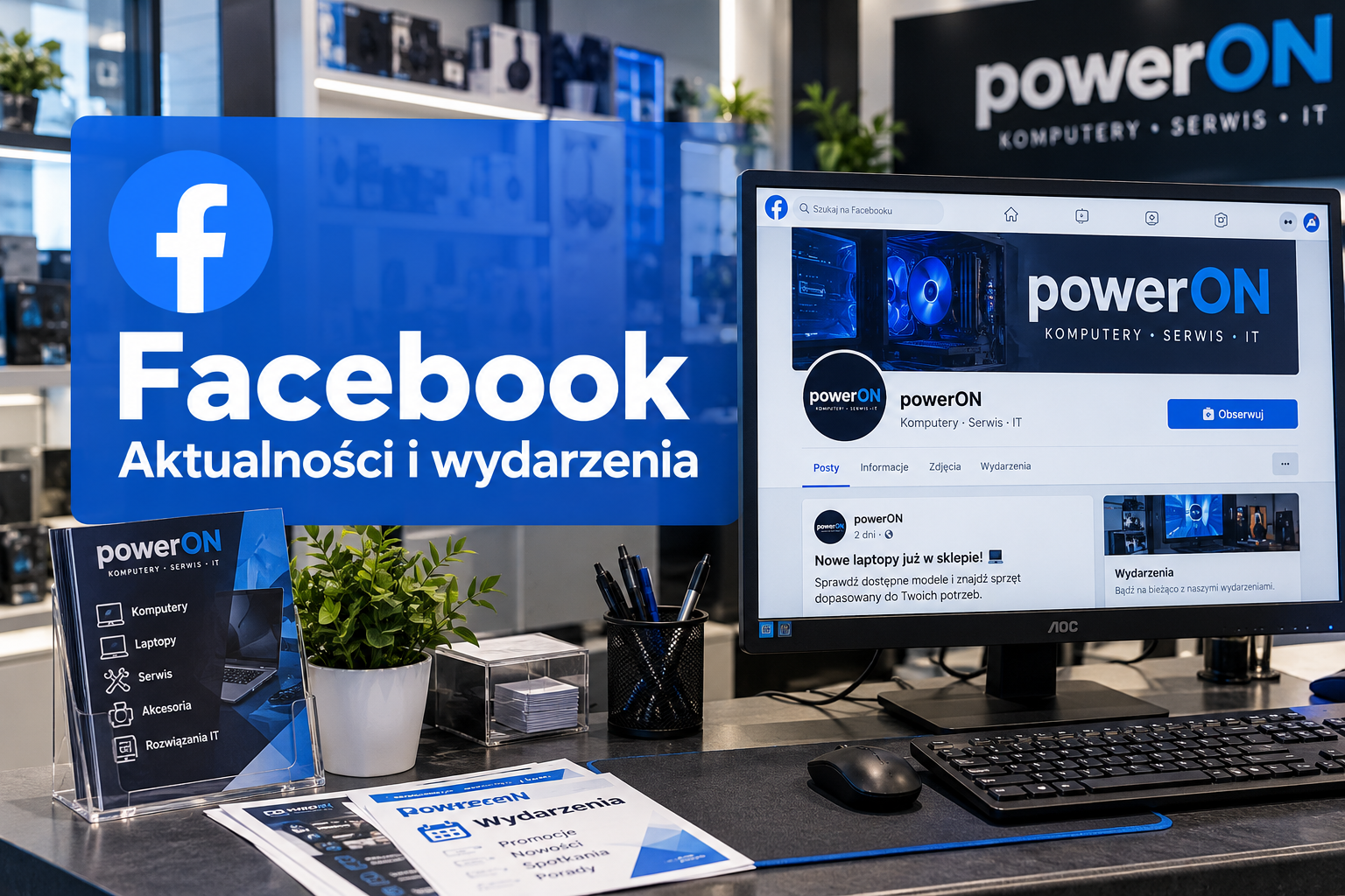 Grafika promująca Facebook powerON z widokiem profilu firmowego na monitorze i napisem „Aktualności i wydarzenia”
