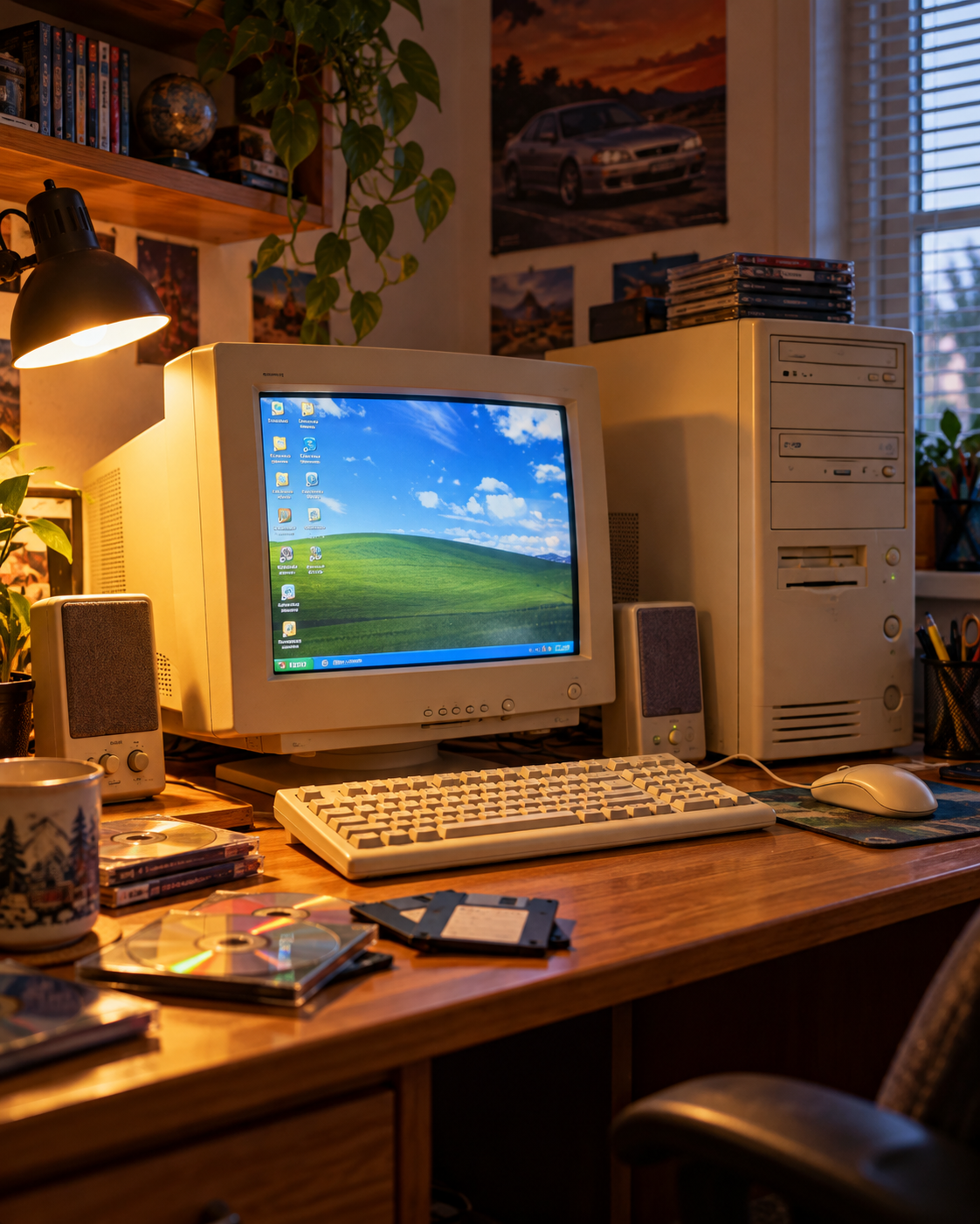 Beżowy komputer PC z monitorem CRT, klawiaturą, myszką i dyskietkami na domowym biurku