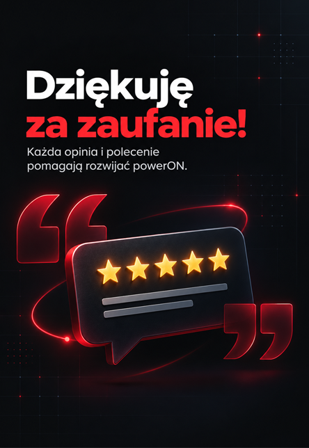 Grafika „Dziękuję za zaufanie!” z pięcioma gwiazdkami, symbolizująca opinie i rekomendacje klientów powerON. Kopiuj