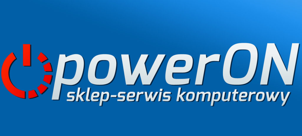 Pierwszy projekt logo powerON z 2016 roku – czerwony symbol zasilania i biało-niebieski napis na niebieskim tle