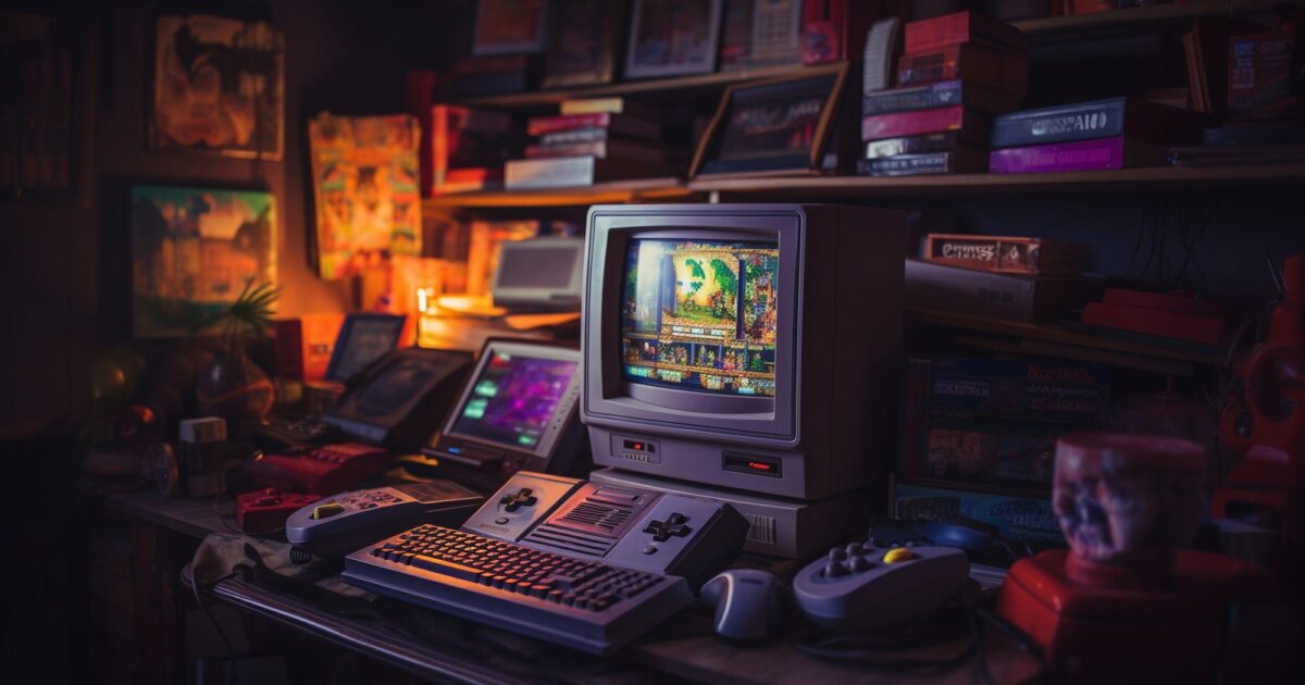 Komputer retro z monitorem CRT, klasyczną klawiaturą i kontrolerami do gier – sprzęt vintage i historia komputerów.