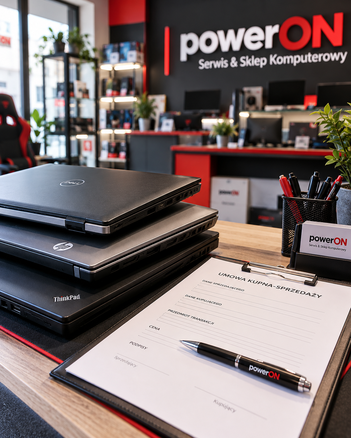Laptopy Dell, HP i Lenovo obok umowy kupna-sprzedaży sprzętu komputerowego w powerON Radomsko.