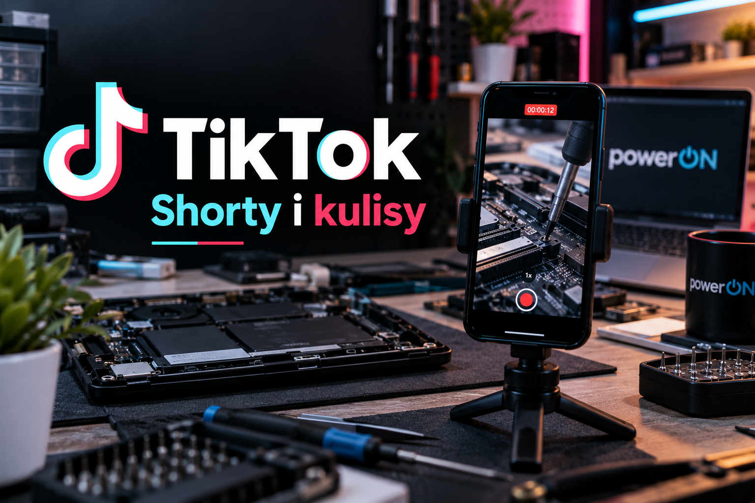 Grafika TikTok powerON z telefonem nagrywającym naprawę laptopa na stanowisku serwisowym i napisem „Shorty i kulisy”