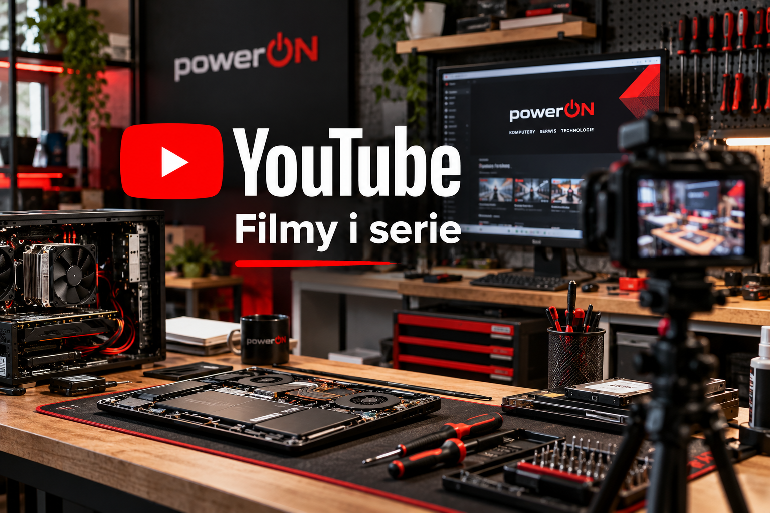 Grafika kanału YouTube powerON z kamerą na statywie, sprzętem komputerowym i stanowiskiem do nagrywania filmów serwisowych